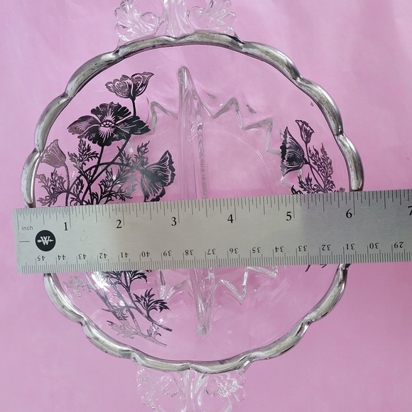 Vintage 2 Part Divided Relish Dish Poppies Silver Overlay Silver City Flanders - Picture 11 of 12